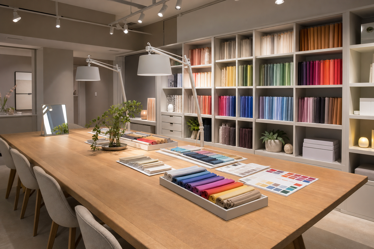 Professional color analysis studio with organized draping fabrics and calibrated lighting