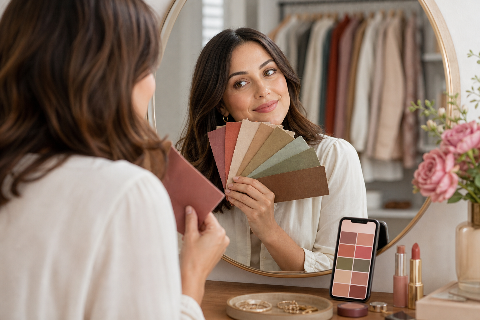 Woman comparing her personalized seasonal color swatches in front of a mirror